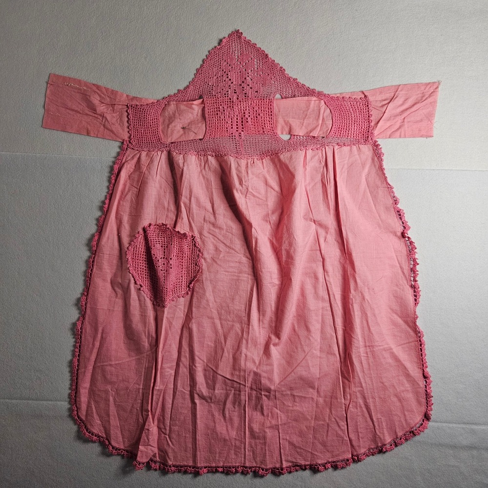 Vintage Pink Handmade Crochet Lace Half Apron with Pocket Scalloped Trim